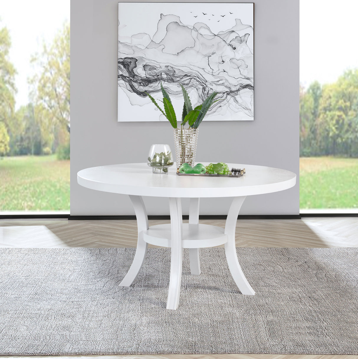 Judd 54-inch Round Dining Wood Table with Shelf Pearl White - Home Elegance USA