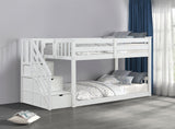 Transitional Style Twin Over Twin Low Bunk Bed Reversible Storage Drawers Staircase White Finish Mattress Ready Bedroom Furniture - sold by Home Elegance USA