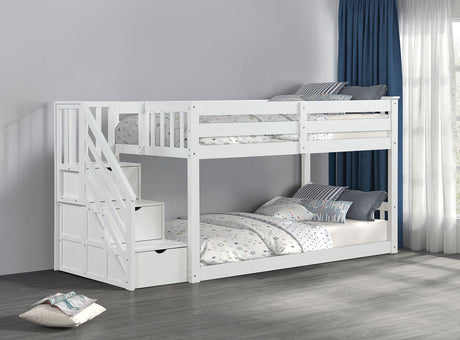 Transitional Style Twin Over Twin Low Bunk Bed Reversible Storage Drawers Staircase White Finish Mattress Ready Bedroom Furniture - sold by Home Elegance USA