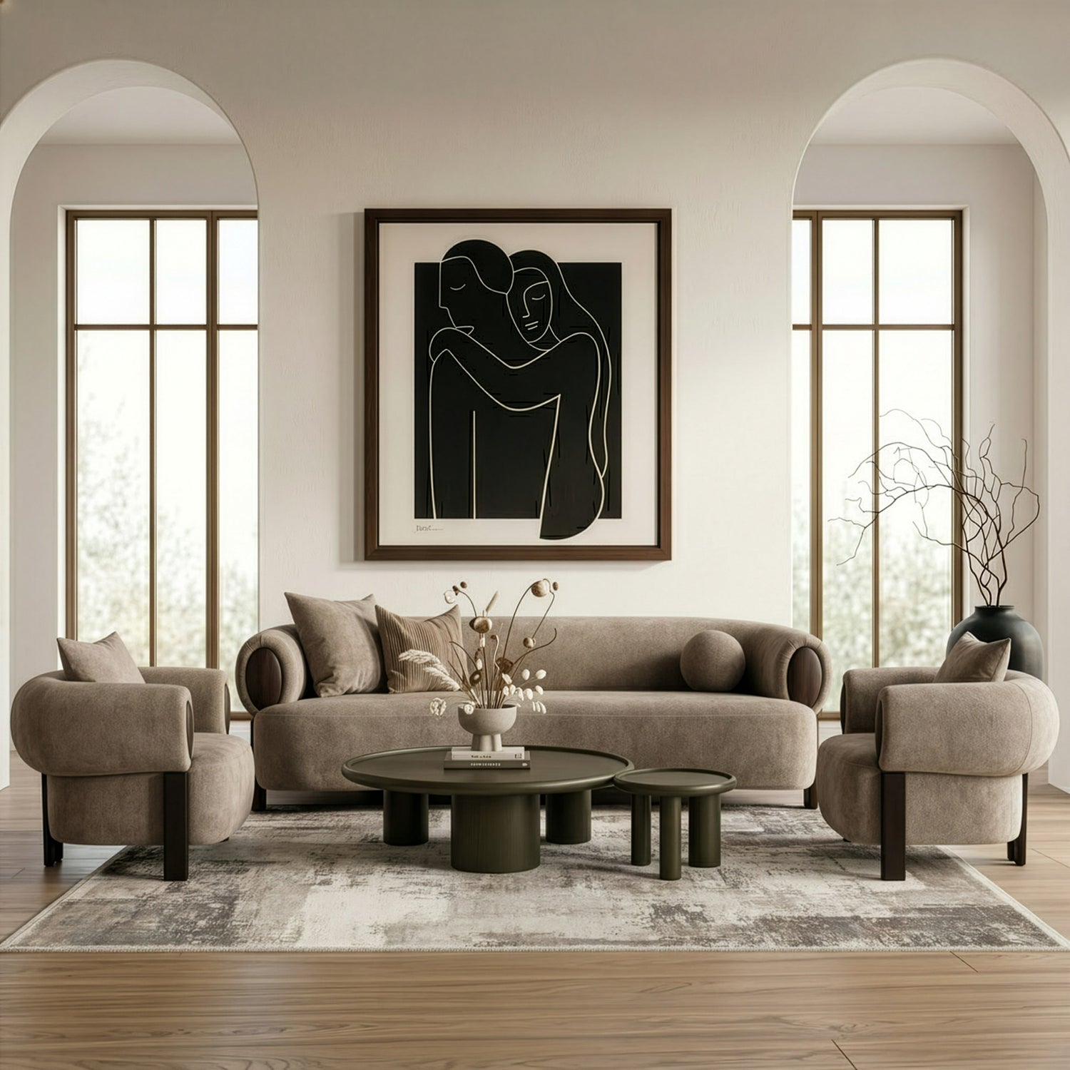 Arnaud - Modern Tan Fabric + Brown Oak Sofa - View Image 1