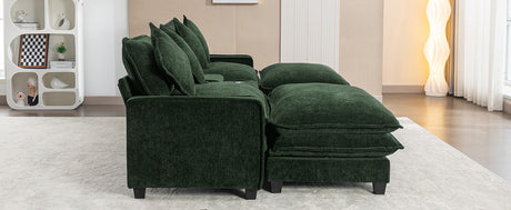 Chenille Upholstered 111' Sectional Sofa with Two Removable Ottomans, USB Ports, Cup Holders, and Storage, Green - sold by Home Elegance USA