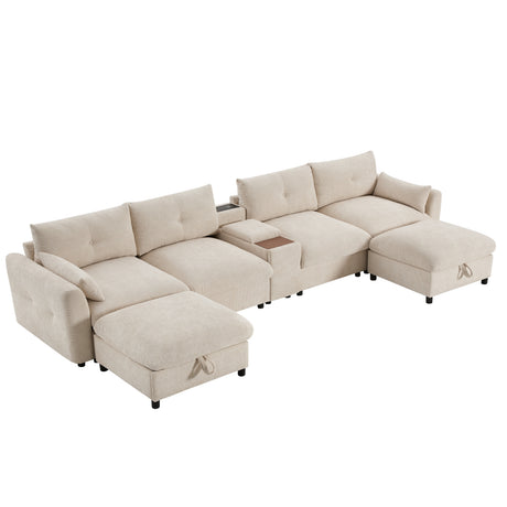 136'' Modular Sectional Sofa with Console, Cup Holder, USB Charger, Movable Storage Ottoman, Pull-line&Tufted Design, U-Shaped Oversized Chenille Sofa for Living Room&Apartment,2 Colors - sold by Home Elegance USA