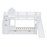 Twin-Over-Twin Castle Style Bunk Bed with 2 Drawers 3 Shelves and Slide - White - Home Elegance USA