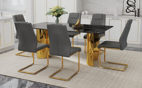 Table and chair set.The table has a glass tabletop with imitation marble pattern stickers and stainless steel golden legs. Paried with 6 comfortable chairs with PU seats and metal legs.W1151S01515 - sold by Home Elegance USA