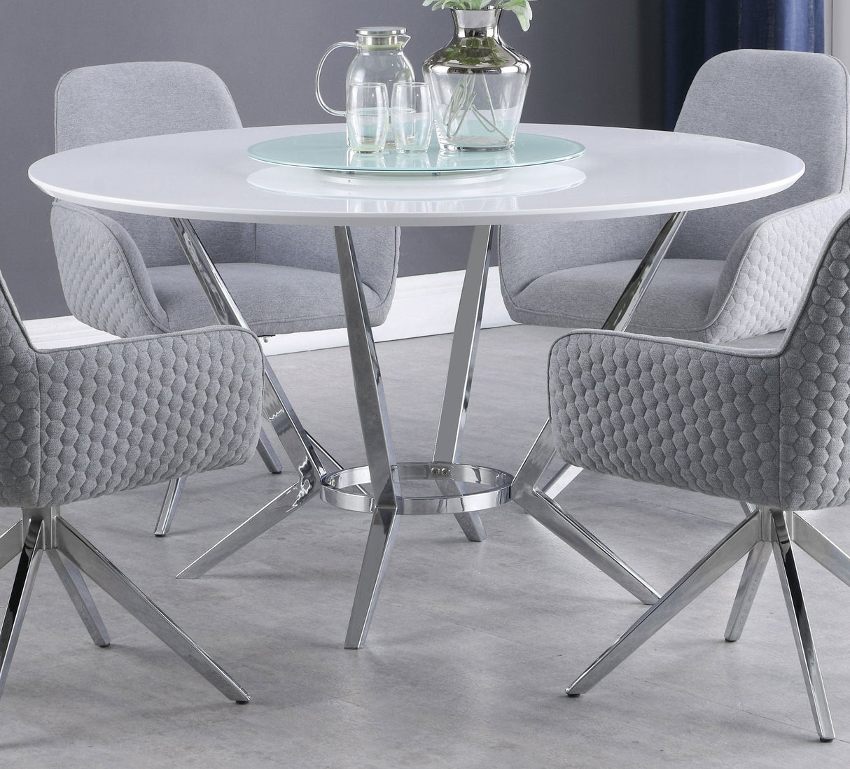 Dining Table With Lazy Susan - Abby Round Dining Table with Lazy Susan White and Chrome | Coaster - 110321 - Home Elegance USA - 2