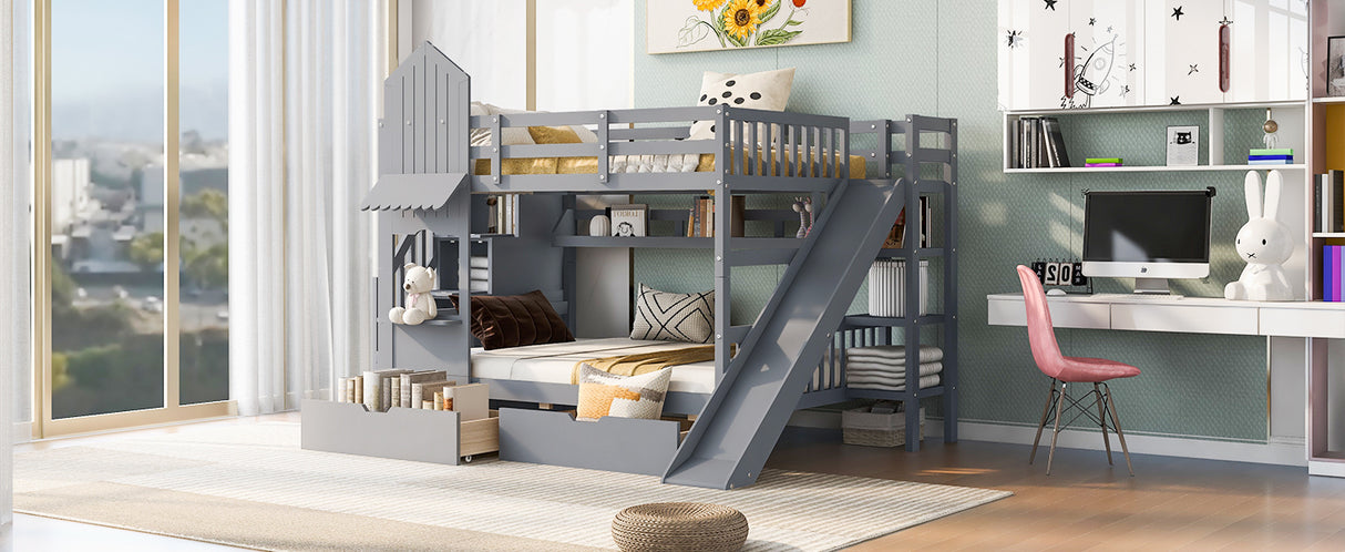 Full-Over-Full Castle Style Bunk Bed with 2 Drawers 3 Shelves and Slide - Gray - Home Elegance USA