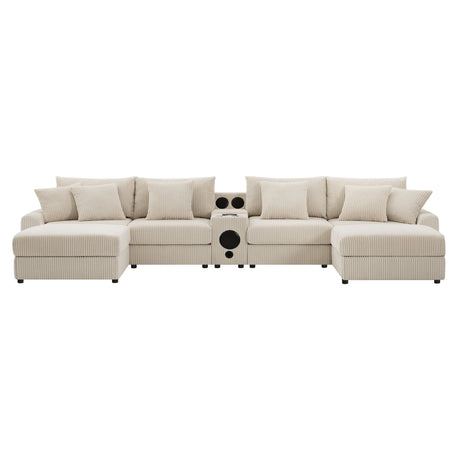 141.5*64'' Corduroy Sectional Sofa with Bluetooth Speakers, U-Shaped Couch with Console, USB Charger, Cup Holders, Storage, Ottoman, Deep and Wide Seat Cloud Sofa for Living Room&Apartment - sold by Home Elegance USA