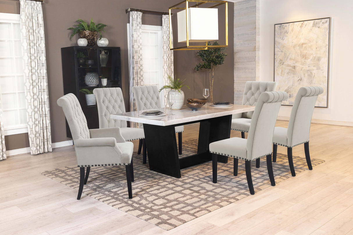 Dining Table - Sherry Trestle Base Marble Top Dining Table Espresso and White