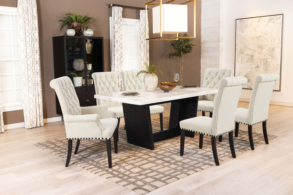 Dining Table - Sherry Trestle Base Marble Top Dining Table Espresso and White