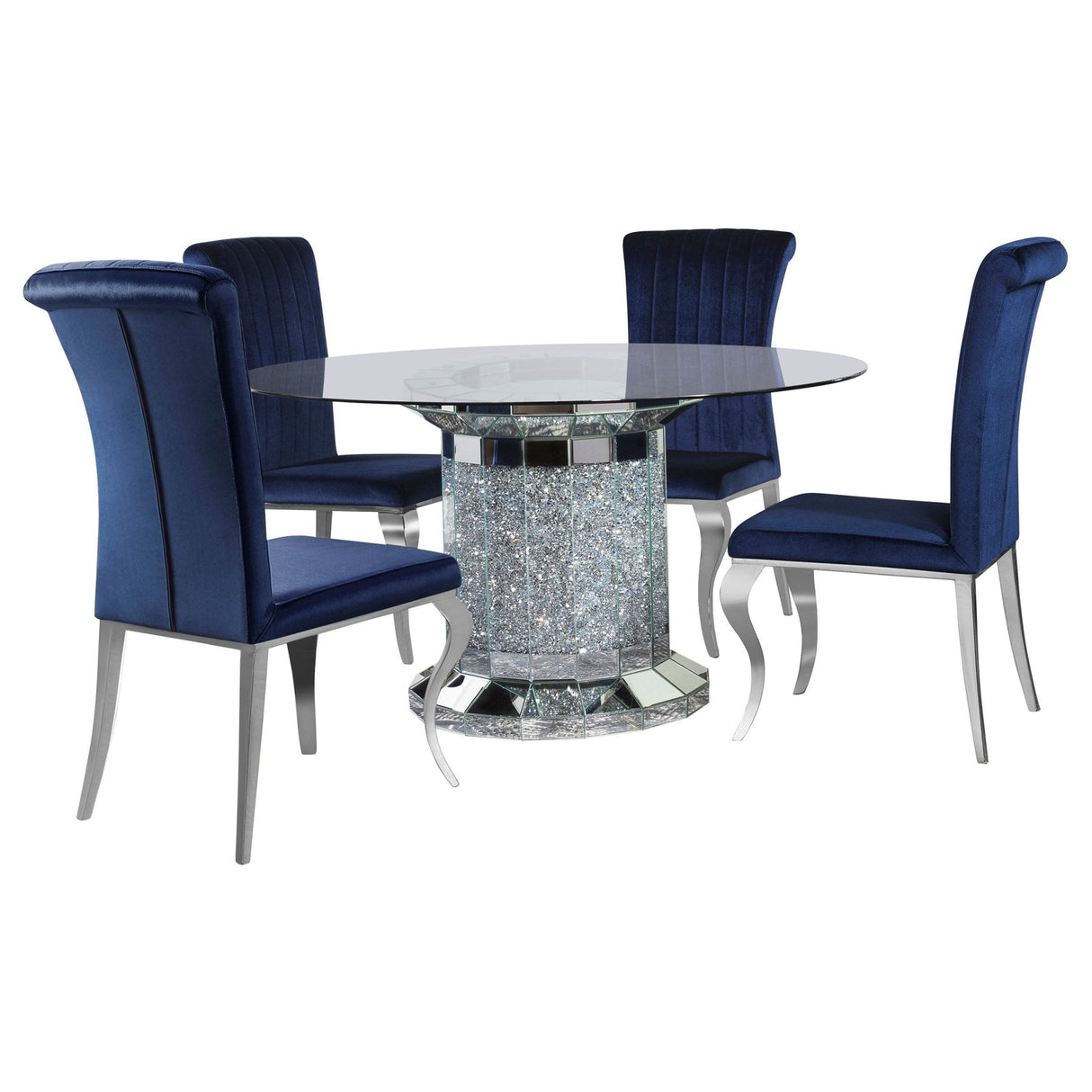 Ellie 5 - piece Cylinder Pedestal Dining Room Set Mirror and Ink Blue | Coaster | Home Elegance USA