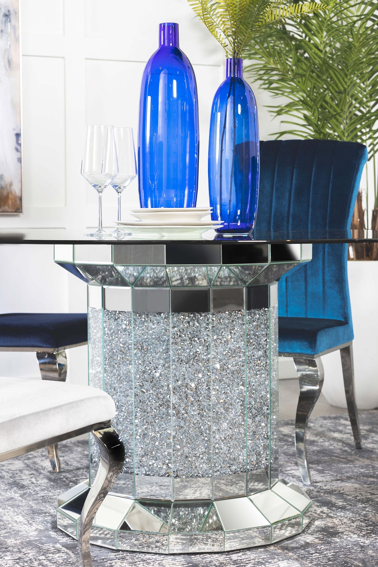 Dining Table - Ellie Cylinder Pedestal Glass Top Dining Table Mirror