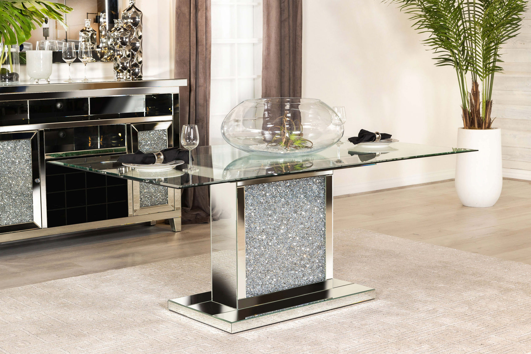 Dining Table - Marilyn Pedestal Rectangle Glass Top Dining Table Mirror