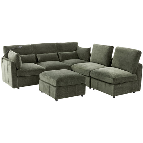 Modern Sectional Sofa Modular Sofa 85.4' U-shaped Sofa Couch Sofa Bed with Movable Ottoman, USB Ports, Phone Holder, Green Chenille - sold by Home Elegance USA