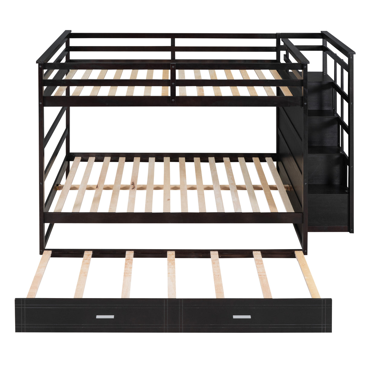 Full Over Full Bunk Bed with Twin Size Trundle and Staircase, Espresso - Home Elegance USA