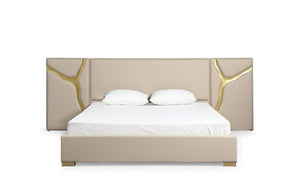 Aspen - Glam Beige Bonded Leather & Gold Q Bed