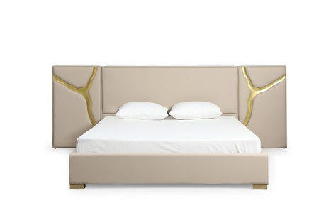 Aspen - Glam Beige Bonded Leather & Gold Q Bed