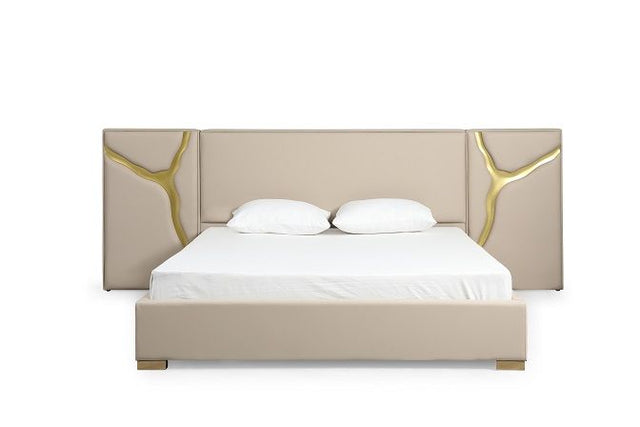 Aspen - Glam Beige Bonded Leather & Gold Q Bed