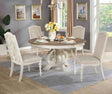 Elegant Rustic 5pc Dining Set Round Table 4x Side Chairs Ivory Fabric Upholstered Seat Antique White