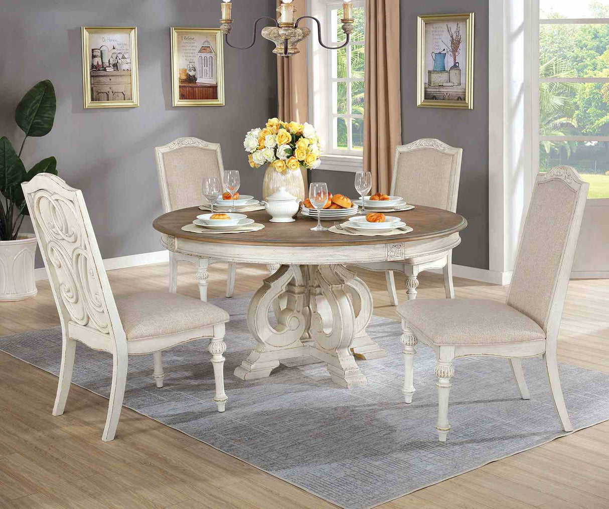 Elegant Rustic 5pc Dining Set Round Table 4x Side Chairs Ivory Fabric Upholstered Seat Antique White