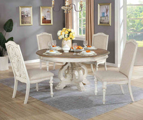 Elegant Rustic 5pc Dining Set Round Table 4x Side Chairs Ivory Fabric Upholstered Seat Antique White