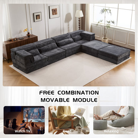 Compression Mahjong Sofa,Convertible Floor Sofa Bed,DIY Boneless Modular Sectional Sofa,No Assembly Required,Circle fleece fabric,Oversized 4 Seater with 2 Ottoman,Dark-grey - sold by Home Elegance USA