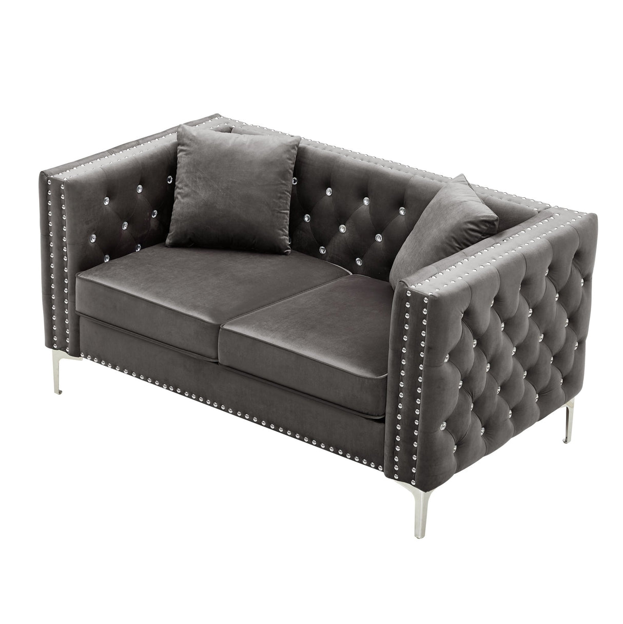 59.4 Inch Wide Grey Velvet Sofa with Jeweled buttons,Square Arm ,2 Pillow | Home Elegance USA