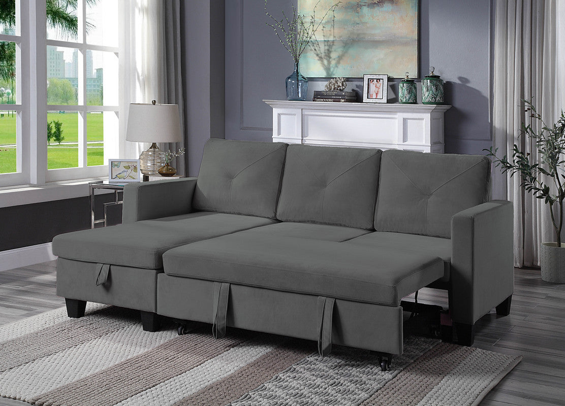 Nova Dark Gray Velvet Reversible Sleeper Sectional Sofa with Storage Chaise - Home Elegance USA