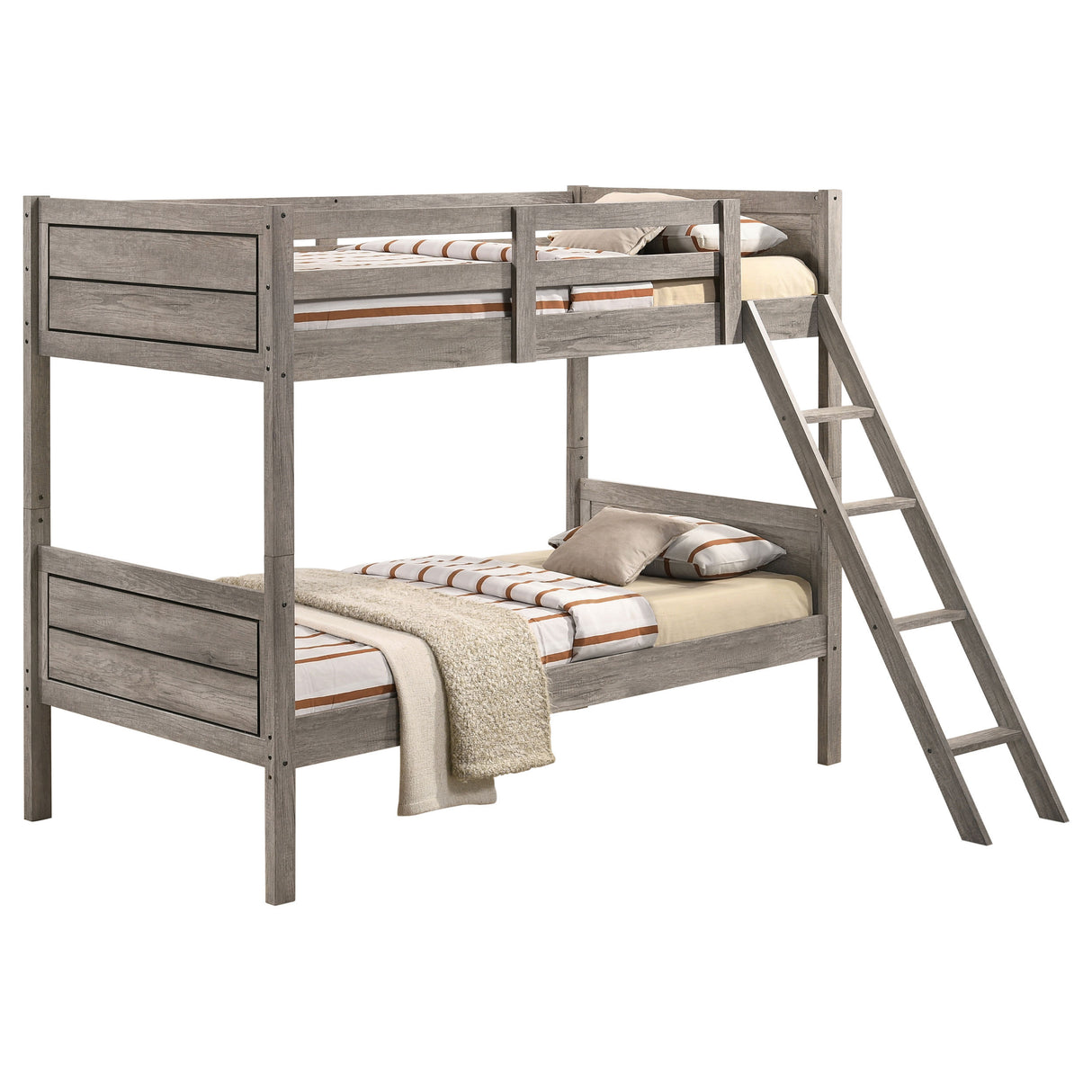 Clemens Weathered Taupe Wood Twin Over Twin Bunk Bed with Mattress - sold by Home Elegance USA