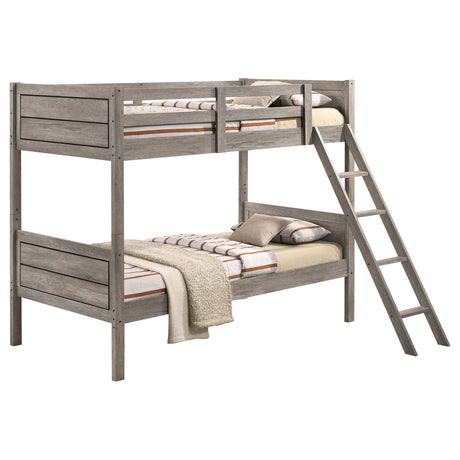 Clemens Weathered Taupe Wood Twin Over Twin Bunk Bed with Mattress - sold by Home Elegance USA