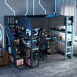 Full Size Wooden Gaming Loft Bed with Storage Stairs, Desk, Shelves & Pegboard, Black+Blue