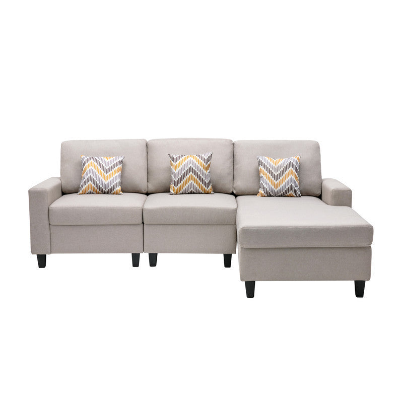 Nolan Beige Linen Fabric 3Pc Reversible Sectional Sofa Chaise with Pillows and Interchangeable Legs - Home Elegance USA