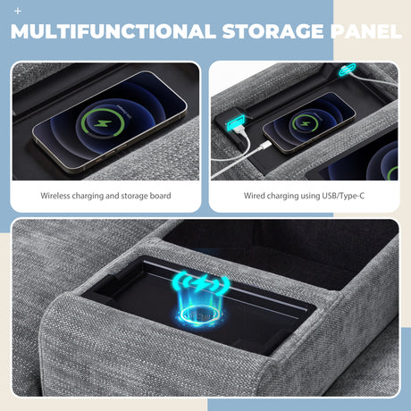 124'' L-Shaped Sectional Sofa with Multi-Functional Storage Console, Wired&Wireless Charger, Movable Ottoman, Wider&Thicker Cushion, Free Combination for Living Room&Apartment, Chenille - sold by Home Elegance USA