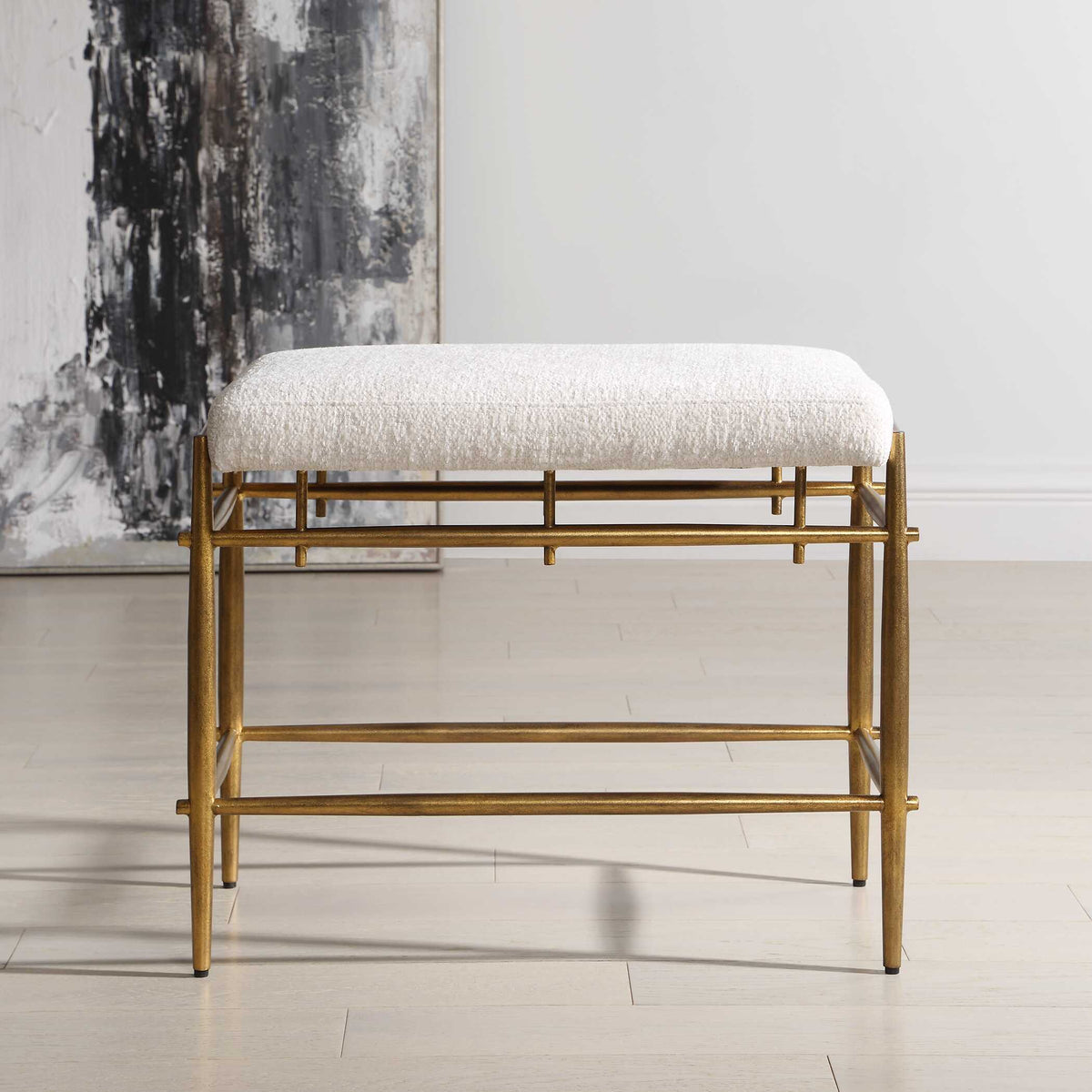 Karleen Plush Small Brass Bench - White / Gold by Uttermost - View 2