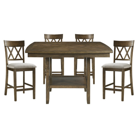 Contemporary 5pc Dining Set Counter Height Table and 4 Counter Height Chairs Functional Lazy Susan Shelf Table Light Oak Finish Wooden Kitchen Dining Furniture