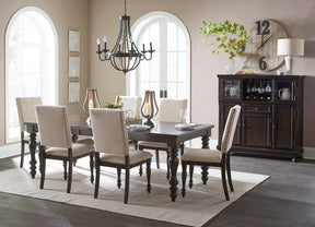 Traditional Brown Finish 7pc Dining Set Table w Leaf and 6x Side Chairs Beige Nailhead Trim Transitional Dining Wooden Furniture - sold by Home Elegance USA
