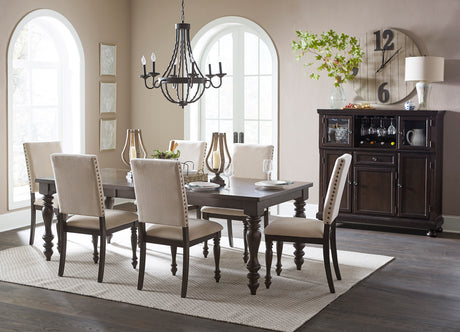Traditional Brown Finish 5pc Dining Set Table w Leaf and 4x Side Chairs Beige Nailhead Trim Transitional Dining Wooden Furniture - sold by Home Elegance USA