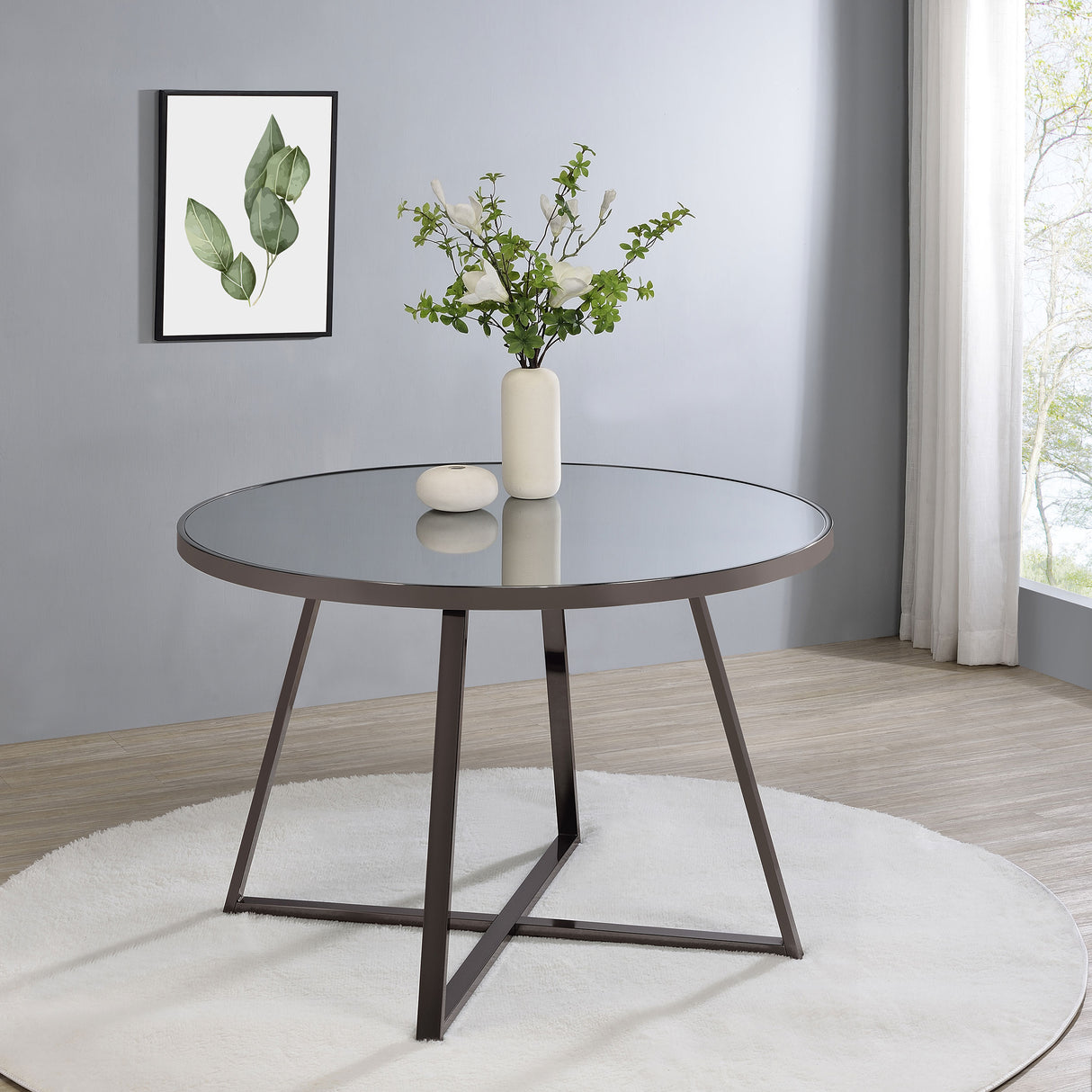 Dining Table - Jillian Round Dining Table with Tempered Mirror Top Black Nickel

