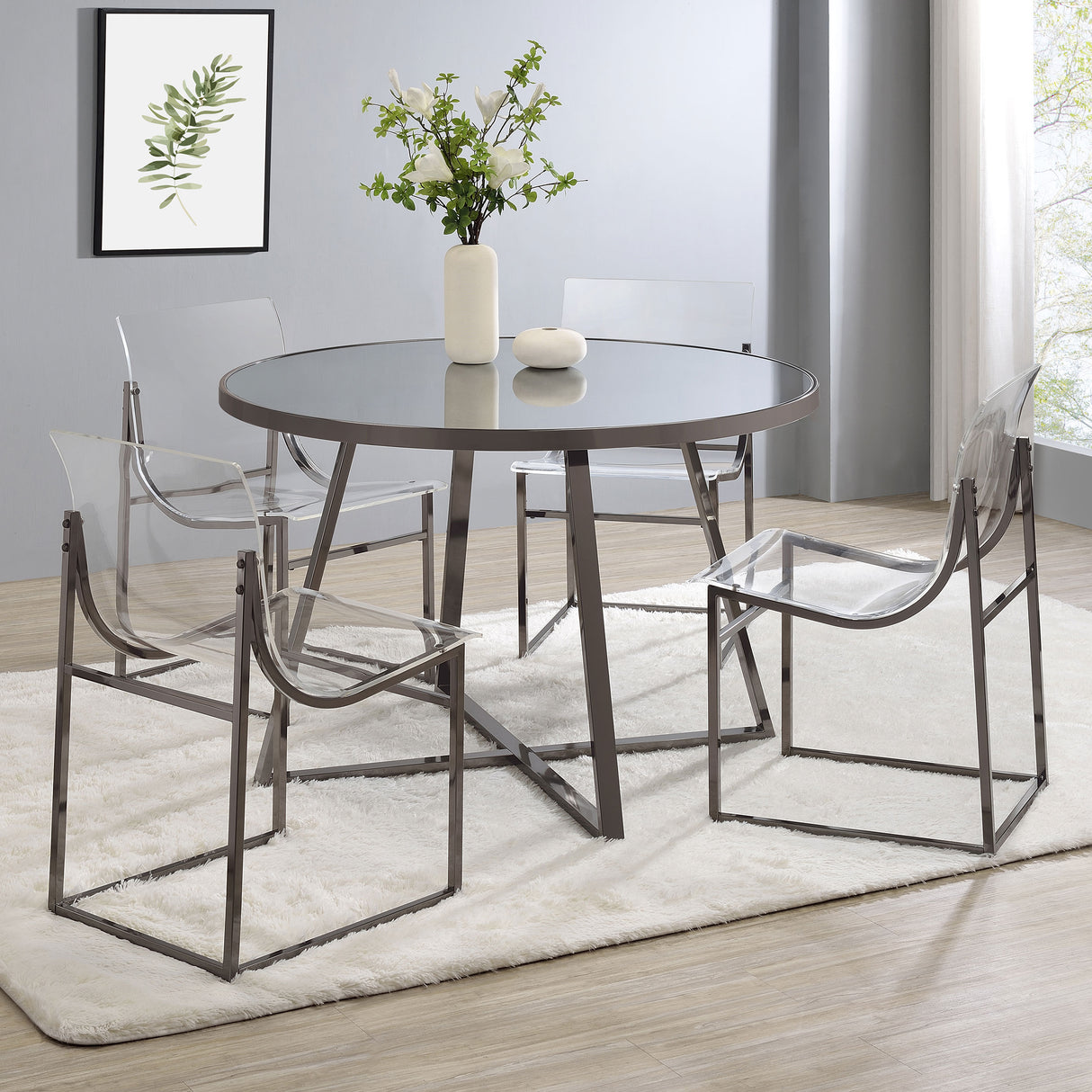 Dining Table - Jillian Round Dining Table with Tempered Mirror Top Black Nickel

