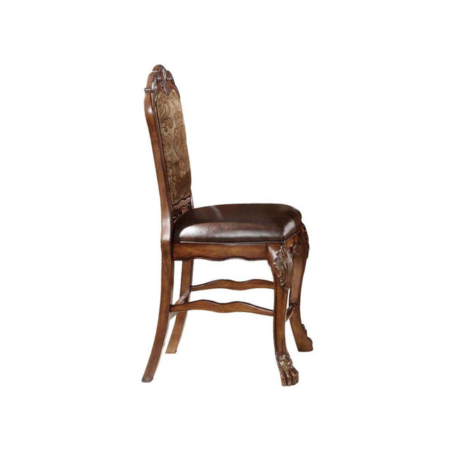 Acme - Dresden Counter Height Chair (Set-2) 12162 Vintage Synthetic Leather Seat & Floral Fabric Back & Cherry Oak Finish