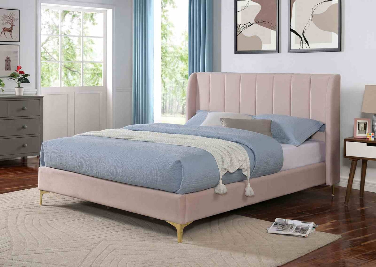 Contemporary Light Pink Full Size Bed Wingback Headboard 1pc Bed Velvet Like Fabric Gold Metal Legs
