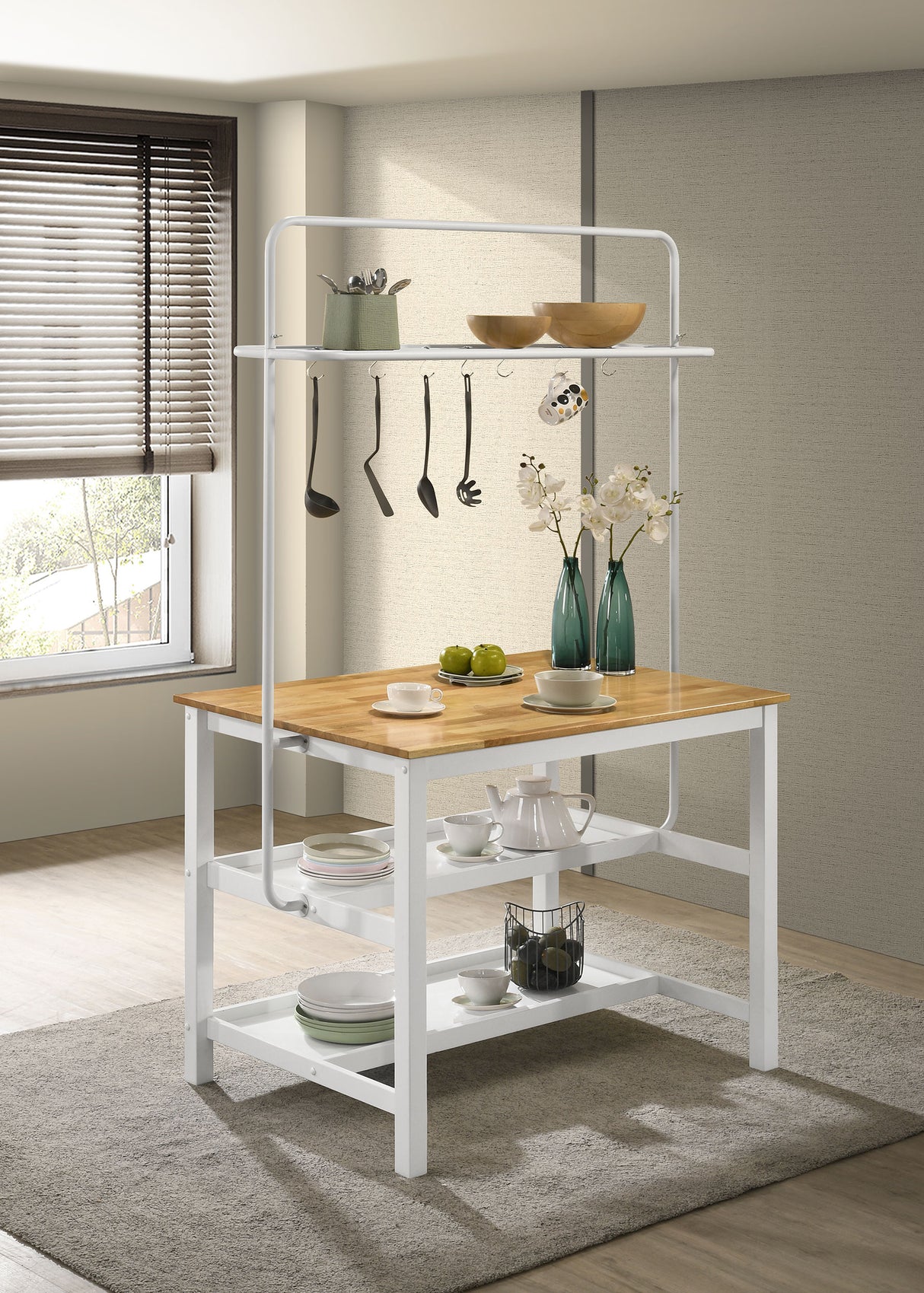 Kitchen Island With Rack - Hollis Kitchen Island Counter Height Table with Pot Rack Brown and White