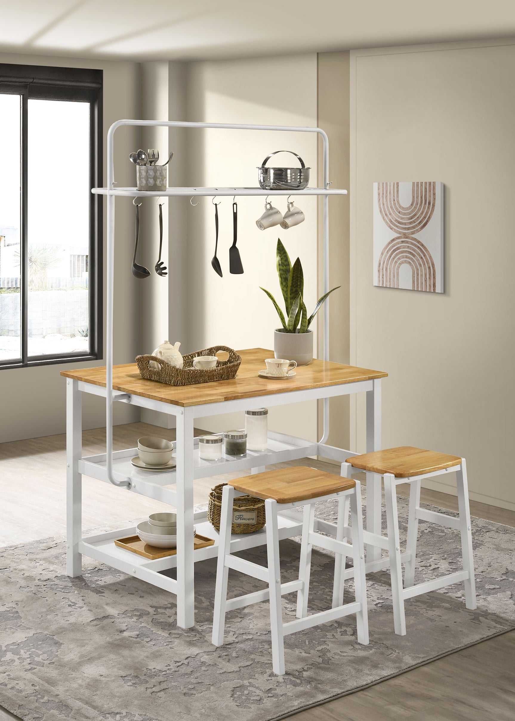 Kitchen Island With Rack - Hollis Kitchen Island Counter Height Table with Pot Rack Brown and White