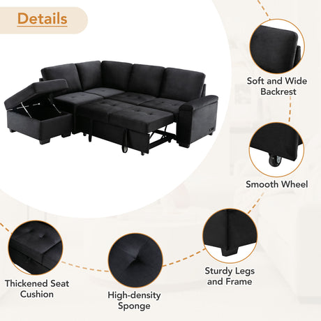 Sleeper Sectional Sofa, L-Shape Corner Couch Sofa-Bed with Storage Ottoman & Hidden Arm Storage & USB Charge  for Living Room Apartment, Black - sold by Home Elegance USA