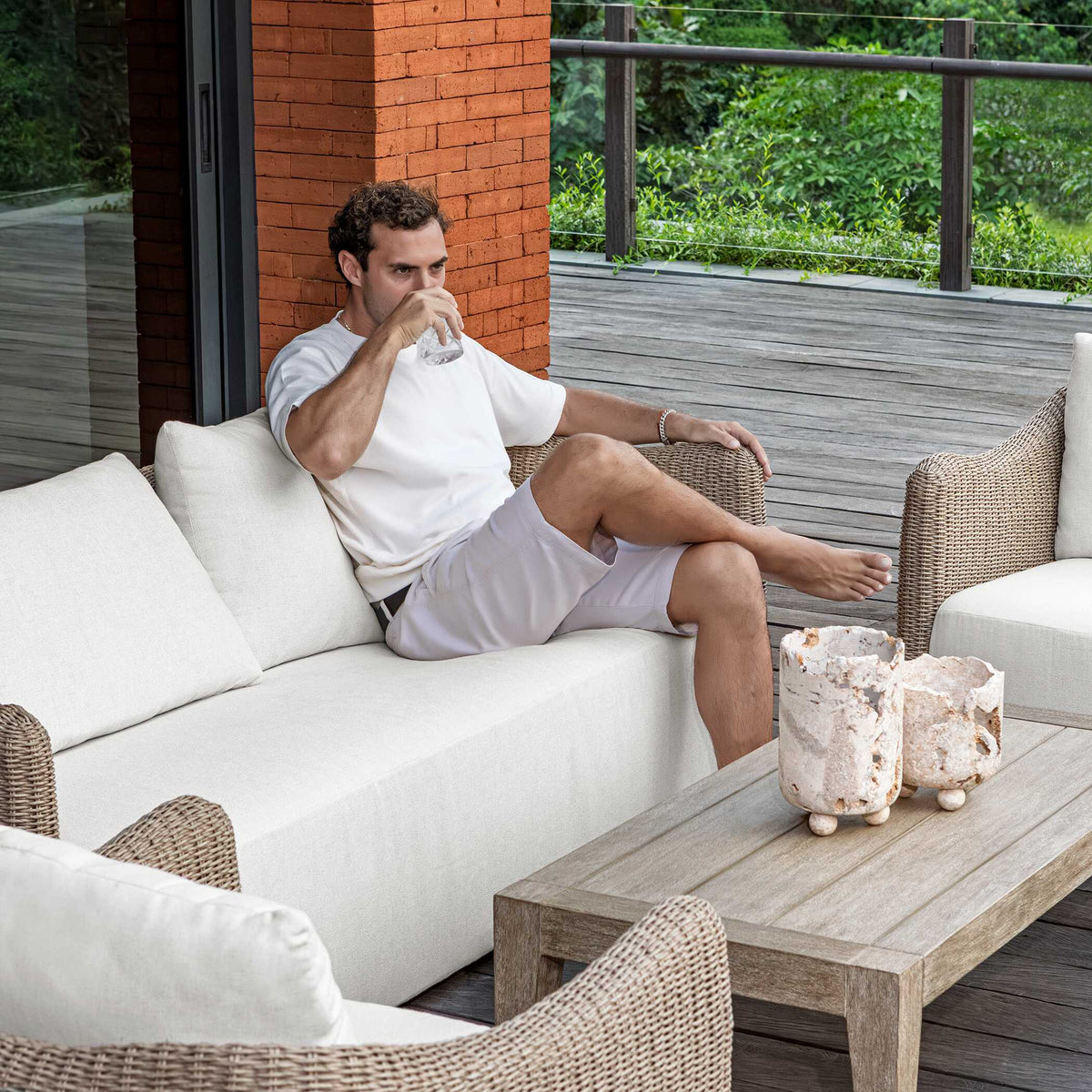 Sunset Wicker Outdoor Sofa Oatmeal / Oyster White - Light Brown / White by Uttermost - View 6