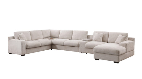 Chiara 141.5'W Beige Chenille Fabric Corner Sectional Sofa with Right-Facing Chaise, Cupholders, and Charging Ports - sold by Home Elegance USA