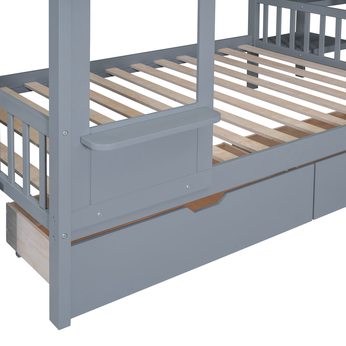 Full-Over-Full Castle Style Bunk Bed with 2 Drawers 3 Shelves and Slide - Gray - Home Elegance USA