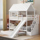 Twin over Twin House Bunk Bed with Trundle and Slide, Storage Staircase, Roof and Window Design, White(Old SKU: GX000931AAK,SM000931AAK)