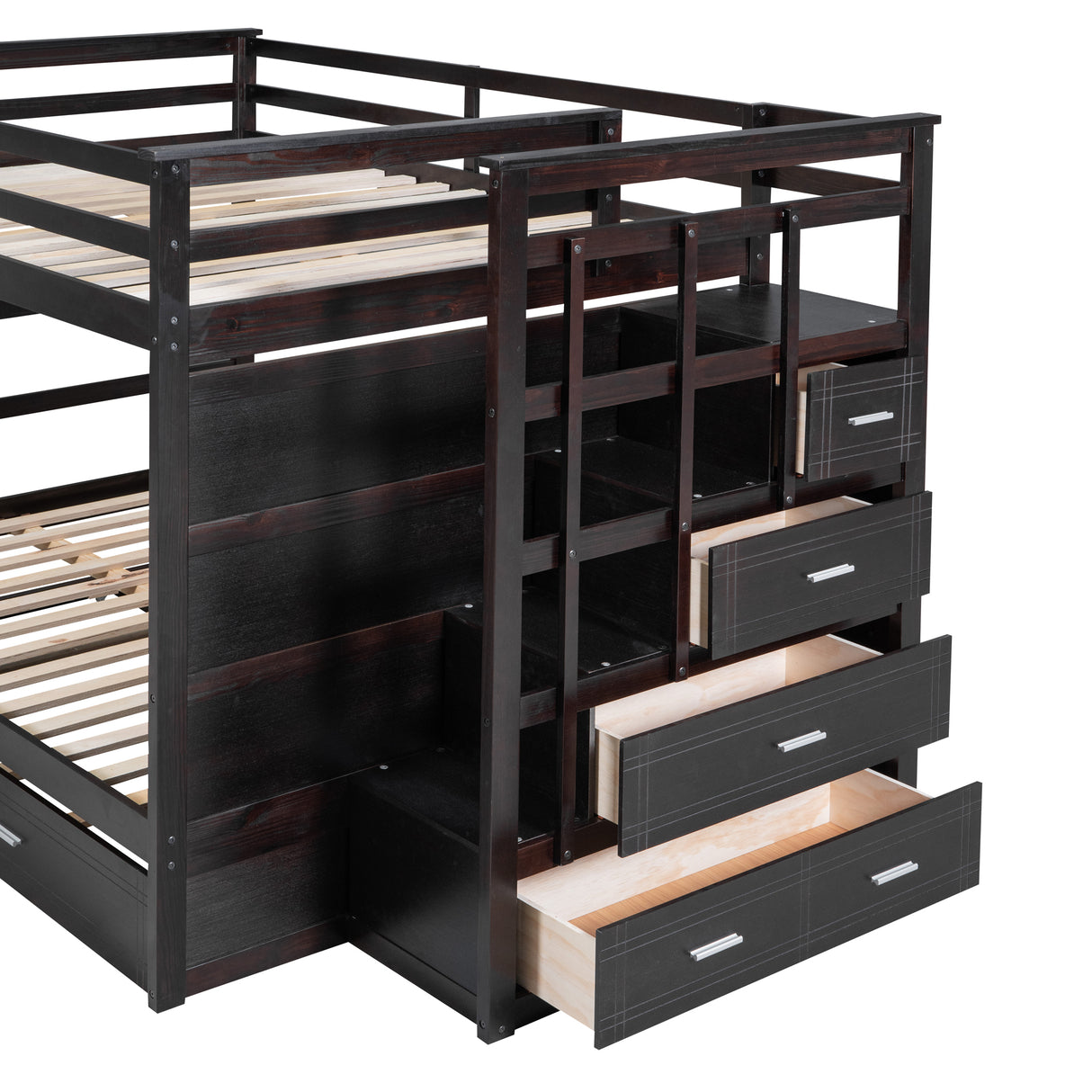 Full Over Full Bunk Bed with Twin Size Trundle and Staircase, Espresso - Home Elegance USA