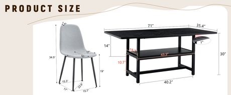 Table and chair set.71*35.4 inch Black Grain Spliced Dining Table With Storage Function In The Middle Of The Table Legs.Paired with 8 Light Gray Linen-Cotton Material High Resilience Dining Chairs. - sold by Home Elegance USA