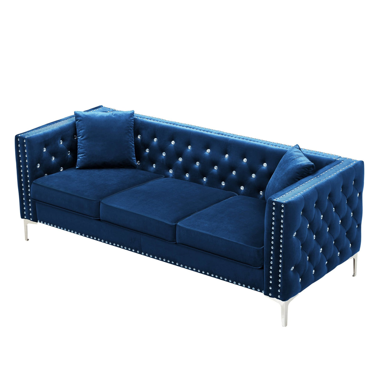 82.3" Width Modern Velvet Sofa Jeweled Buttons Tufted Square Arm Couch Blue,2 Pillows Included | Home Elegance USA